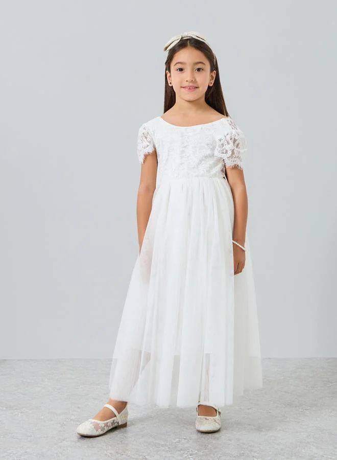 تايك تو فستان طويل بناتي تول ودانتيل أبيض بأكمام منفوخة